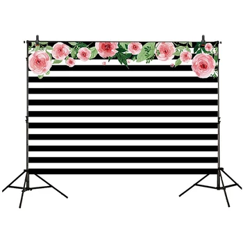 

7x5ft photography backdrops Black and white stripe watercolor pink flower banner Birthday party wedding bridal shower decorati