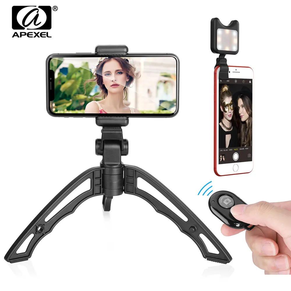 APEXEL 3in1 Portable Stretch Handheld Tripod Bluetooth Remote Camera Tripod With Selfie Fill Led Light For Camera ALL Smartphone