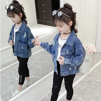 

Turn-down Collar Denim Autumn Jackets For Girls Coat Outerwear Tops Jackets Enfant Kids 3-13 Yrs Windbreaker Children's Clothing