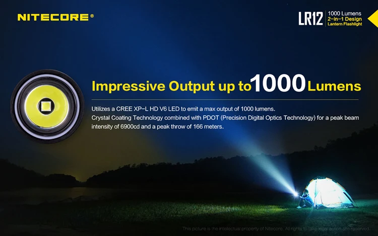 NITECORE LR12 светодиодный фонарик CREE XP-L HD V6 1000 люмен 18650 батарея для активного отдыха, кемпинга, пеших прогулок