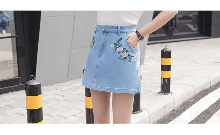 2017 summer new fashion women's cowboy half skirt college wind repair body embroidery skirt wild A word skirt women (8)