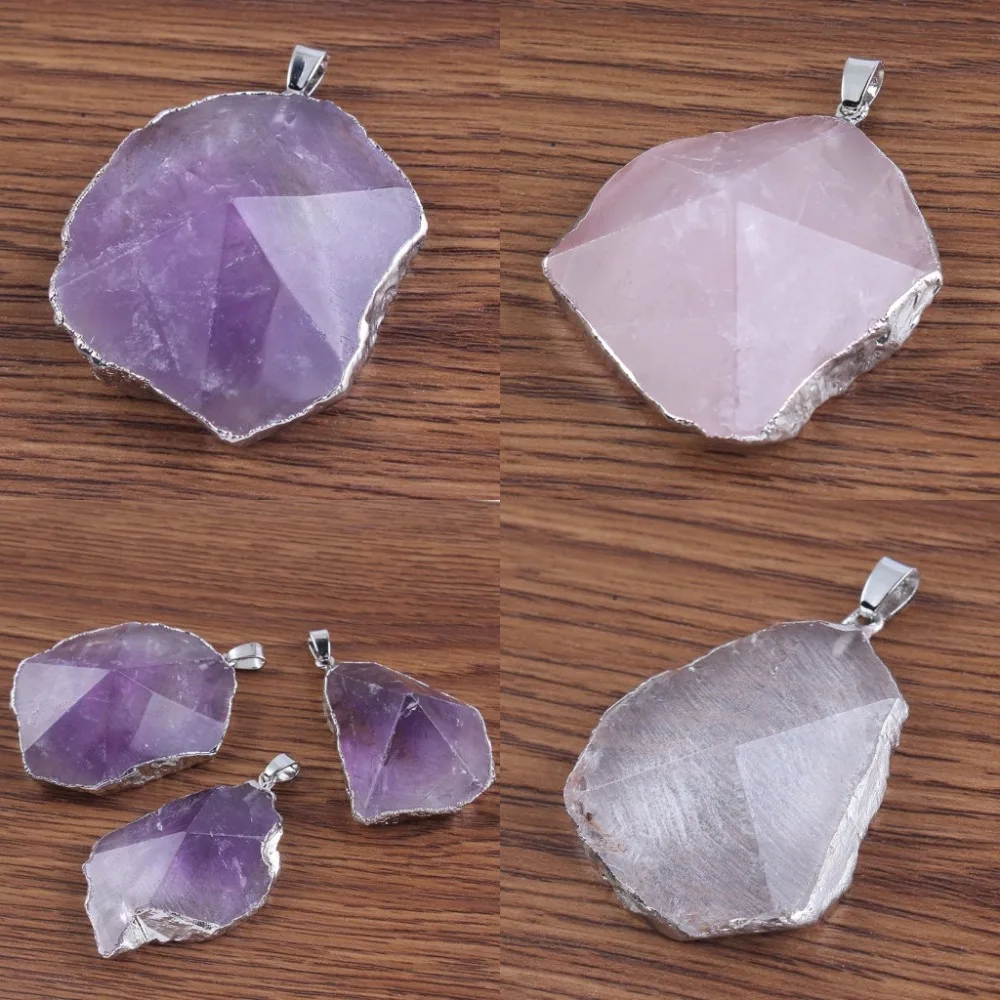 Natural Gnergy Gemstone~ Silver Plated Natural Healing Crystal Quartz Purple Irregular Shape Amethysts Rose Pink Quartz Rock Stone Pendant Jewelry 2 AA00206009004a_conew1