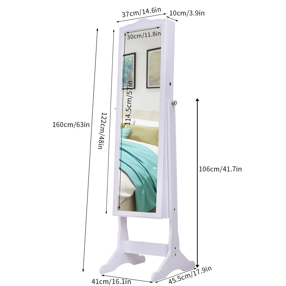  Lockable Jewelry Cabinet Organizer Storage Box Stand with Makeup mirror White Dresser Home Furnitur - 4000026933016