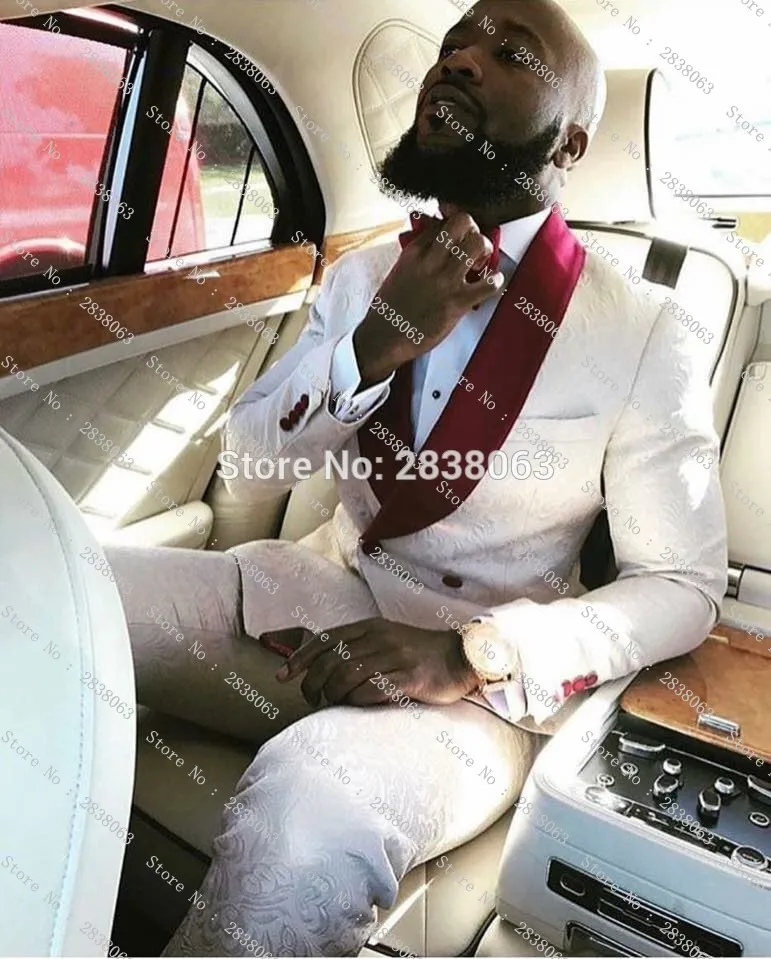 

2017 Groomsmen White Pattern Groom Tuxedos Shawl Wine Lapel Men Suits One Button Wedding Best Man Blazer (Jacket+Pants+Tie) Z207