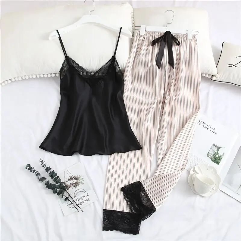 

Plus Size Sexy Silk Satin Summer Pajamas Set For Women Rayon Sleepwear Sexy V-neck Sleeveless Long Pants Nightwear Pyjama Suit