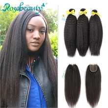 Extensions de cheveux brésiliens Remy crépus lisses, Rosabeauty, avec Lace Closure, 10- 28 pouces, mèches de cheveux crépus lisses