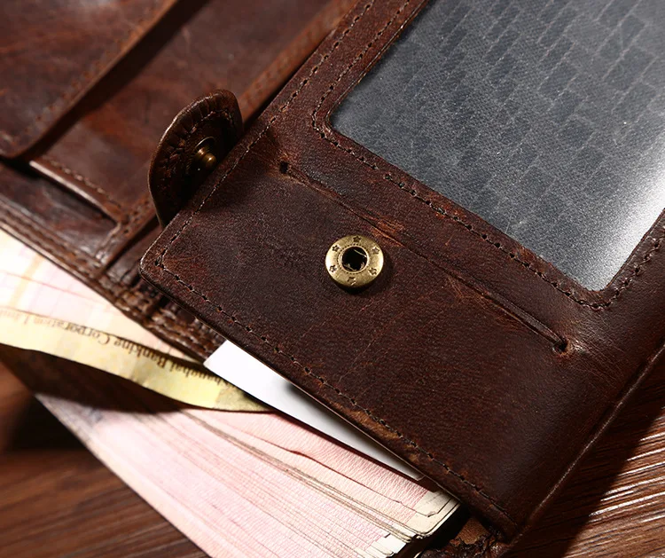 MJ Genuine Leather Men's Short Wallet Retro Bi-Fold Leather Wallet Card Holder Male Purse Coin Pocket ID Window Photo Position (23)