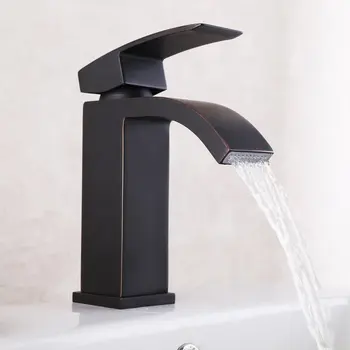 Price Oil Rubbed Bronze Brass Copper Waterfall Vanity Sink Faucet Golden Basin Mixer Tap With Rectangular Spout For Lavatory--MH8890