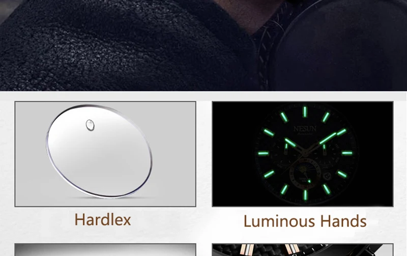 NESUN новые мужские модные деловые автоматические механические наручные часы из нержавеющей стали водонепроницаемые спортивные часы Relogio Masculino