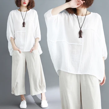 

LFF 2018 Women Fashion Brand Summer Loose Solid Color Batwing Sleeve Thin Cotton Linen T-shirt Female Casual Big Fat Tshirt Tee