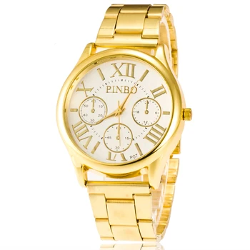 

High Quality Gold Round Case False Three Eyes Rome Digital Scale Steel Watch Mens Fashion Chain Wristwatch relojes para mujer