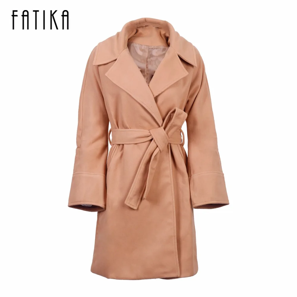 FATIKA Winter Coat Women Wide Lapel Belt Pocket Wool Blend Coat Oversize Long Red Trench Coat Outwear Woolen Coat Women