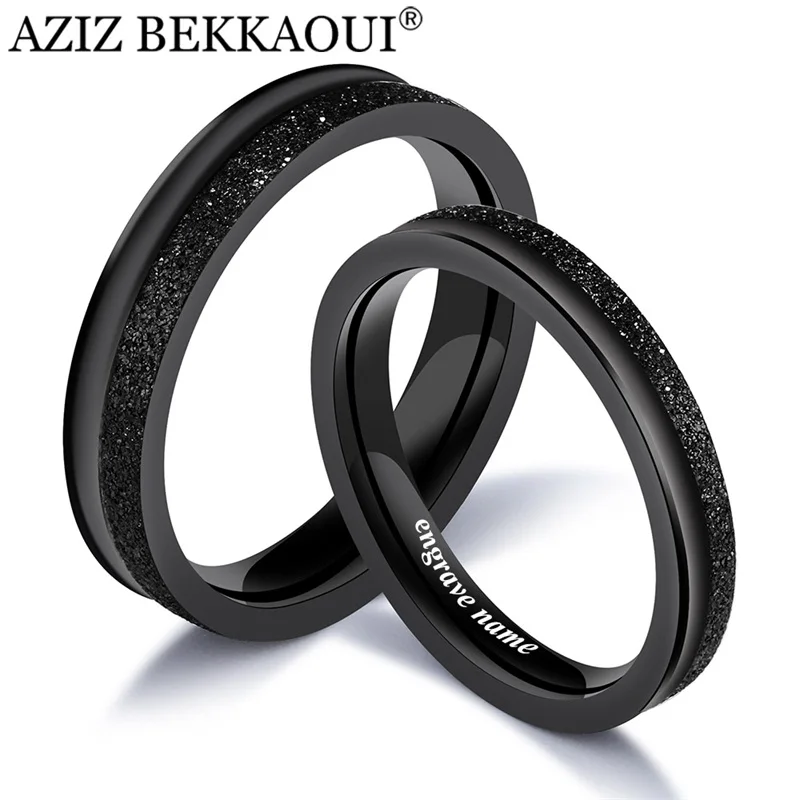 AZIZ BEKKAOUI Black Couple Rings Cool Engrave Name Matte Rings For Women Men Stainless Steel Classic Engagement Wedding Bands