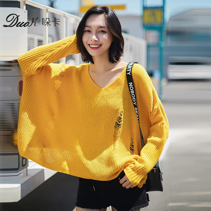 Women Oversize Sweater Autumn Winter Fashion Knit Sweaters Long Sleeve V-neck Pullovers Causal Female XGM172487 | Женская одежда