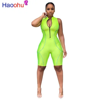 

Neon Green Striped Patchwork Overalls for Women Sleeveless Front Zipper Short Bandage Jumpsuit Fitness Bodycon Rompers Summer