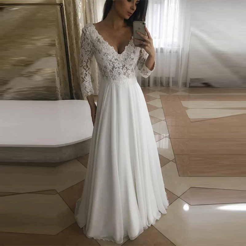 

DZW585 Vestido De Novia 2019 Long Sleeves Beach Wedding Dress Lace Chiffon Wedding Gown A-line V-neck Floor Length Bridal Dress