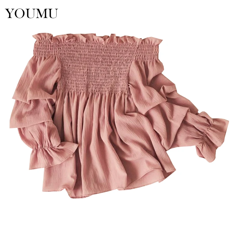 

Women Off Shoulder Shirt Puff Long Sleeve Frill Blouse Chiffon Pullover Tops Sweet Loose Shirts Summer Fashion 803-507