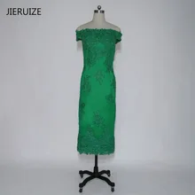JIERUIZE Green Lace Appliques Tea Length font b Evening b font font b Dresses b font