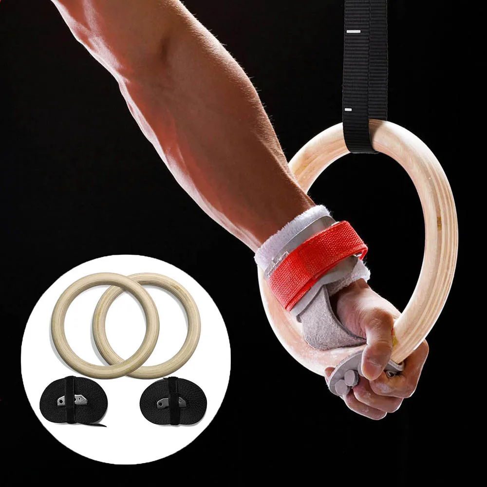 Gymnastic Rings 28mm Wood Strength Training  Adjustable Straps Fitness Gym Pull 