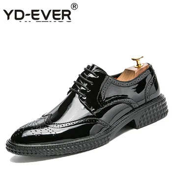 

YD-EVER Brand Men Dress Shoes For Spring Autumn Fashion bright Leather Lace-Up Brogue Men Business Wedding Shoes