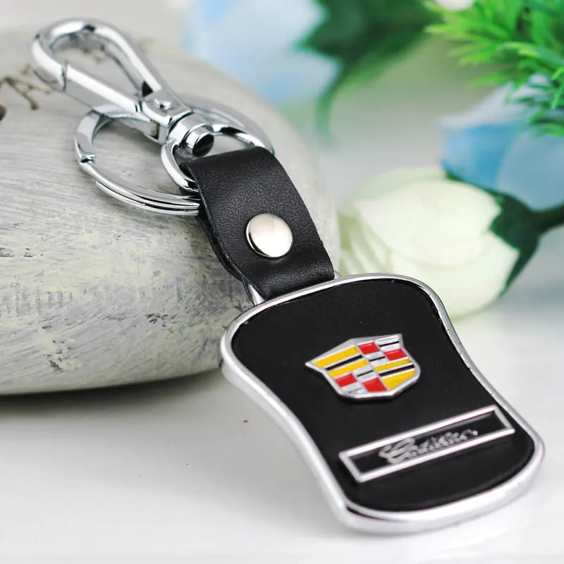 High end 1 PCS Leather Metal Cadillacs Keychain Car Logo Keyring Key