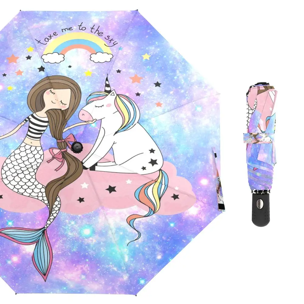 

Cute Mermaid Colorful Rainbow Unicorn Automatic Umbrella Rain Women Windproof Compact Folding Umbrellas for Girl