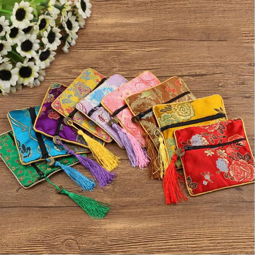 1PC Tassel Rectangle Zipper Gift Bag Coin Purse Chinese Style Silk Brocade Jewelry Necklace Trinket Comb Cosmetic Storage Pouch