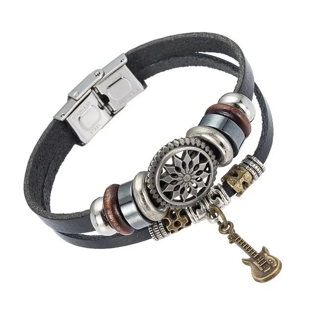 Leather Beaded Jewelry Handmade Metal Guitar Charm Bracelet Welcome Leather Beaded Jewelry Handmade Metal Guitar Charm Bracelet Welcome Oem Order Mens