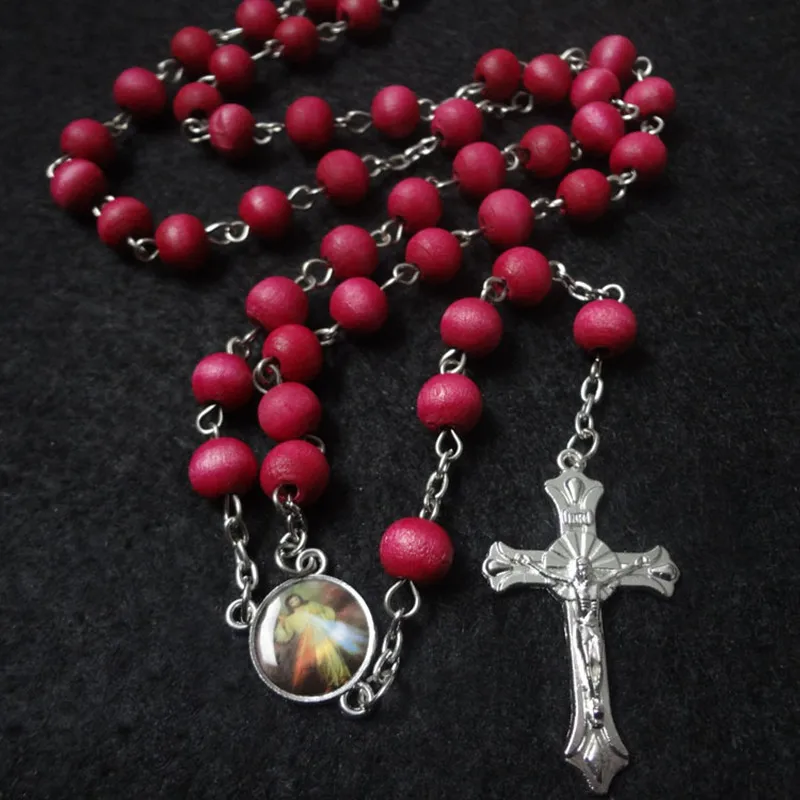

8mm Red wooden beads Religious catholic rosary necklace pendant Holy Father Virgin Mary centerpiece connectors crucifix cross