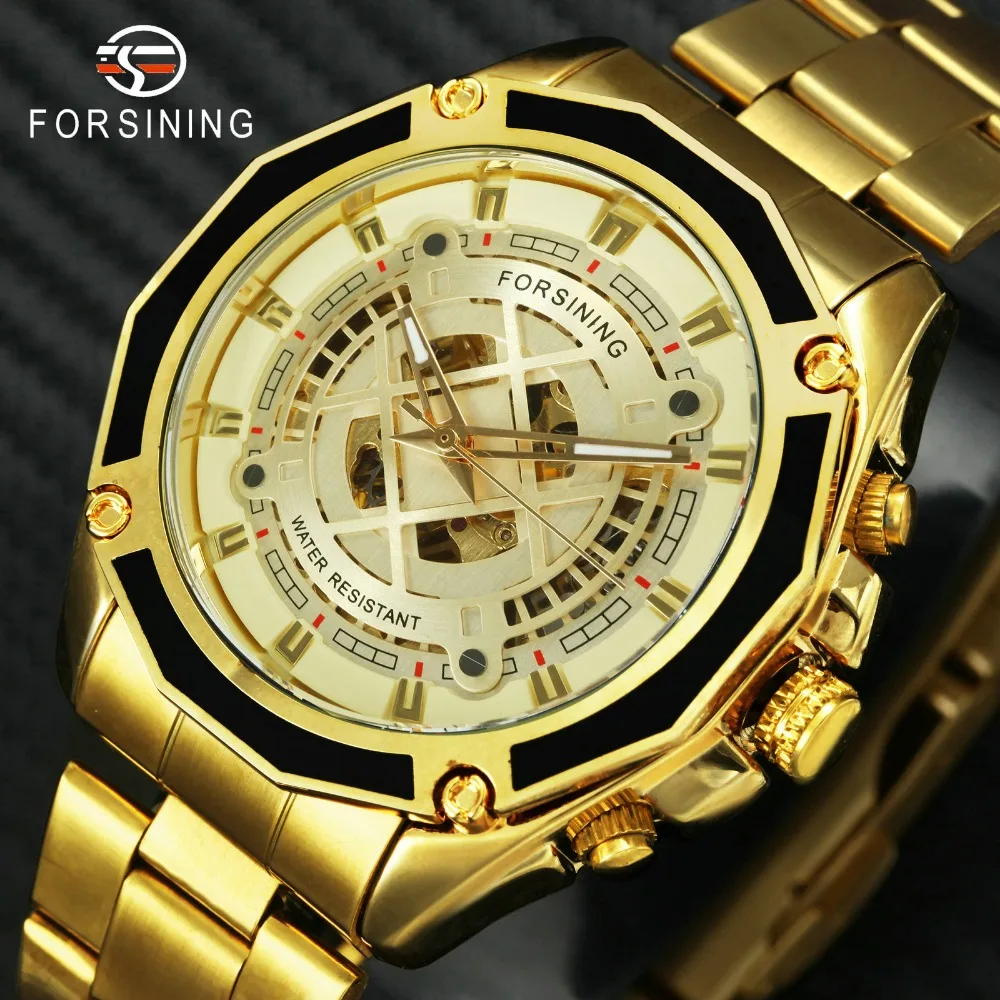 

2018 Royal Gold Watch Men FORSINING Mechanical Automatic Watches Stainless Steel Skeleton Waterproof Wristwatch Top Brand Luxury