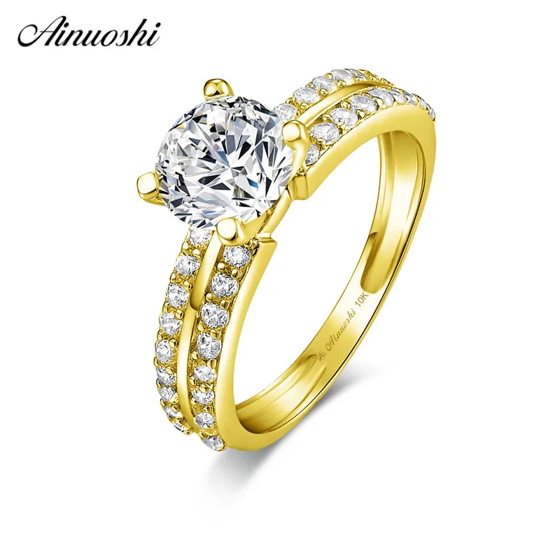 

AINUOSHI 10k Solid Yellow Gold Bridal Ring 1.25 ct Round Cut SONA Diamond Wedding Engagement Jewelry 2 Rows Drills Hollowed Band