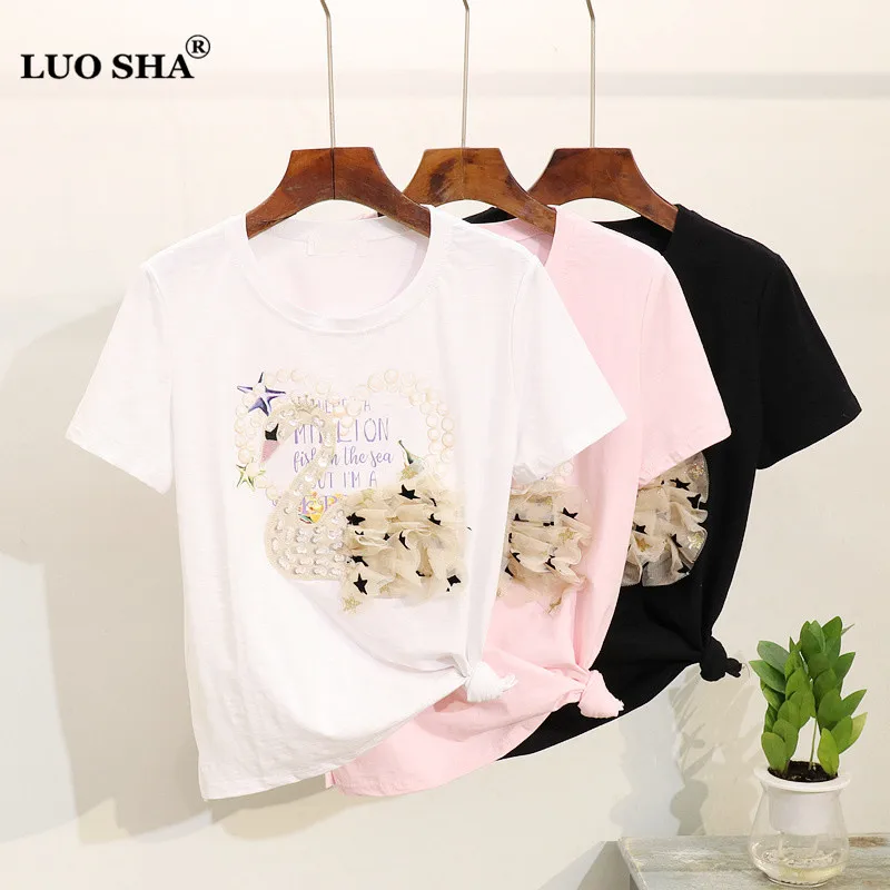 LUOSHA женская летняя коллекция 2019 короткий рукав аппликация кристалл 3D лебедь