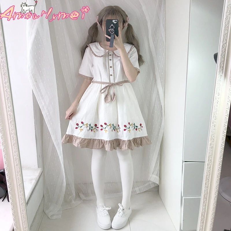 

2018Summer Women Kawaii Lolita Dress Japanese Style Mori Girl Sweet Strawberry Embroidery Doll Collar Ruffles Short Sleeve Dress