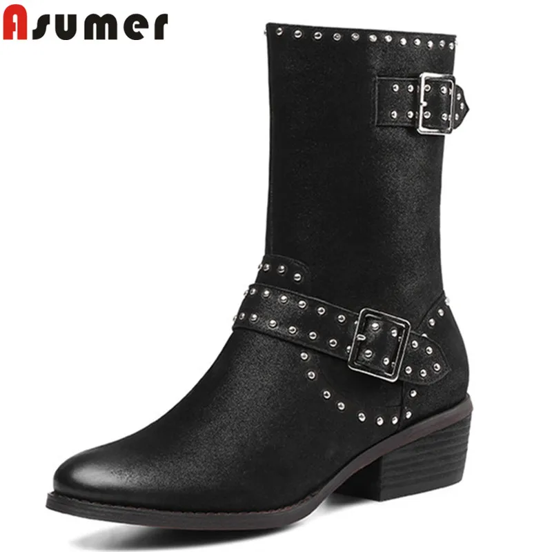 

ASUMER 2020 fashion ankle boots for women round toe zip genuine leather botos thick high heels autumn winter boots big size