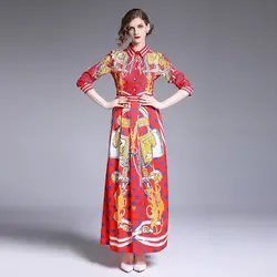Европа модные дизайнерские взлетно посадочной полосы длинное платье для женщин элегантный длинный рукав рубашка воротник Винтаж печати