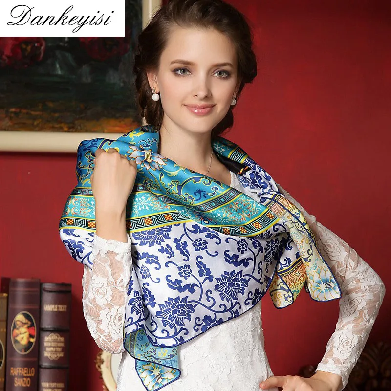 

DANKEYISI 2017 Women Scarf Shawl Spring Autumn Female Silk Scarves Print Summer 100% Pure Silk Beach Cover-ups Big Square Scarf