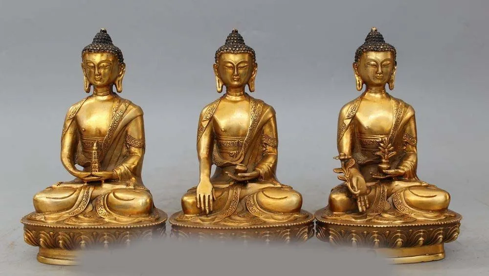 

8"Tibet Buddhism Bronze Gild Three Saints of the West Buddha Kwan-Yin Statue
