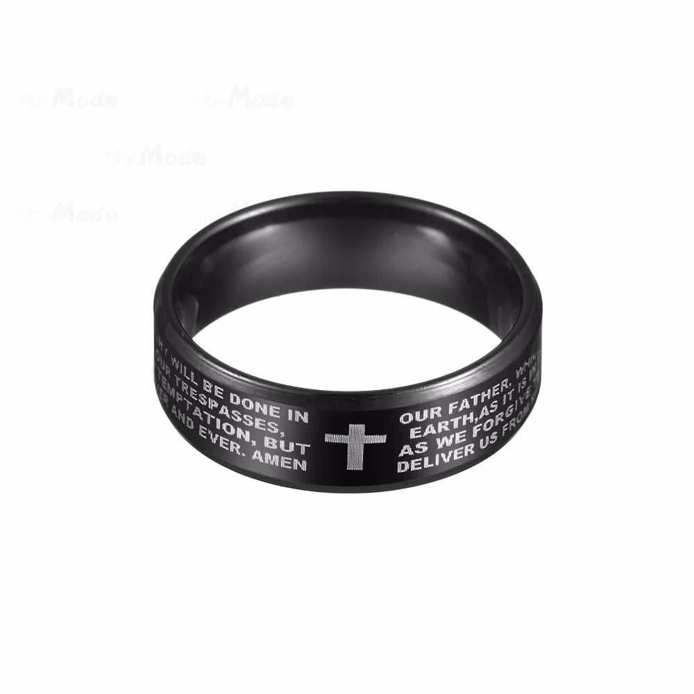 ELSEMODE, черное титановое стальное кольцо с английской надписью, молитвенное кольцо, мужские библейские кольца с крестом для женщин, ювелирные изделия с Иисусом
