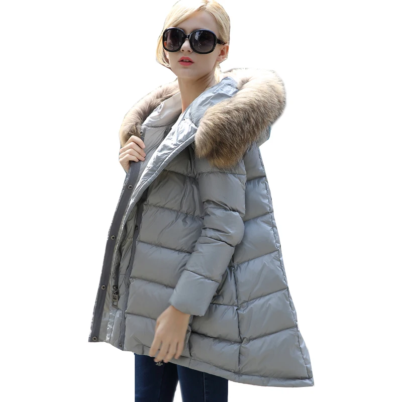 Зимняя женская белая куртка-пуховик на утином пуху, теплый толстый большой воротник из меха енота, длинный пуховик с капюшоном, женский плащ, парки, верхняя одежда SF1079