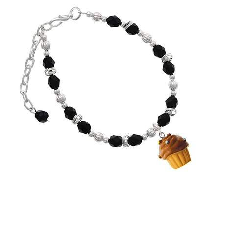 Resin Vanilla Cupcake with Chocolate Frosting Black Beaded Bracelet