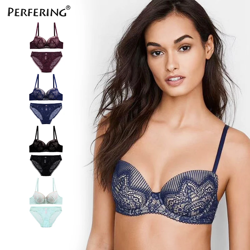 Perfering 2019 New Lace Bra Sets Women Lingerie Embroidery Thick Push Up Brassiere Cotton Underwear Sexy Bras Gather Bule Black