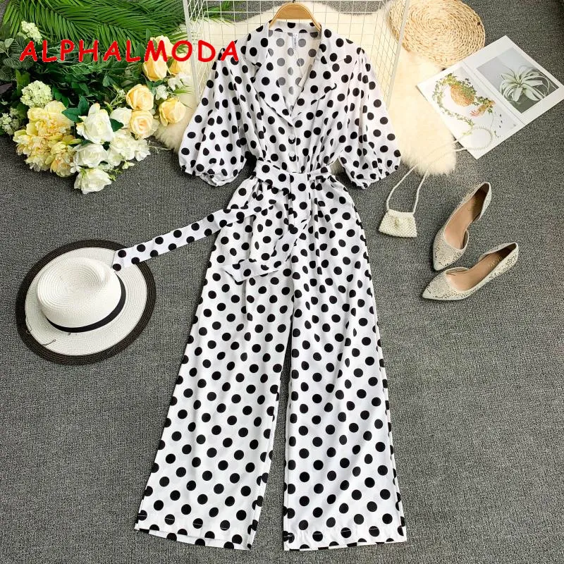 

ALPHALMODA Spring Summer Women Vintage Polka Dot Rompers Single Breasted Leisure Pocket Women Loose Wide-leg Jumpsuits