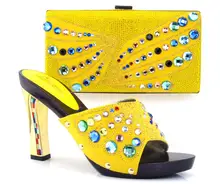 Neue ankunft fashion11cm peep toe talian schuhe mit passenden taschen set neue mode steine blume GELB Afrikanische schuhe und tasche sets