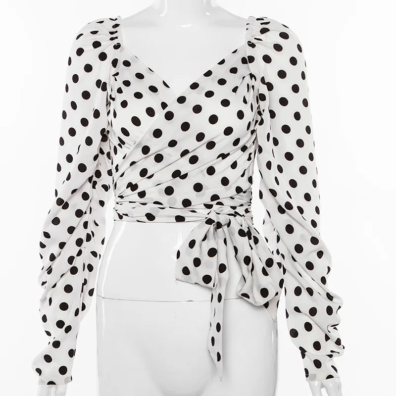 البولكا نقطة طباعة العميق الخامس الرقبة القوس الزنانير Bloue المحملة إمرأة طويل كم قميص قمم الشارع الشهير السببية عالية الأزياء 2019