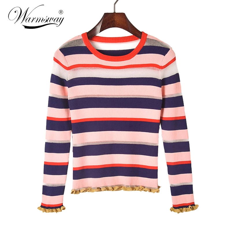 New Arrivals Autumn Sexy Transparent Contrast Color Stripe Sweater Women Bling Mesh Ruffle Female Slim Blusas Tops B-144
