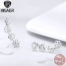 BISAER 925 пробы серебряные серьги-гвоздики с принтом в виде следов животных для женщин, кошачьи собачьи серьги вrincos бижутерия ECE430