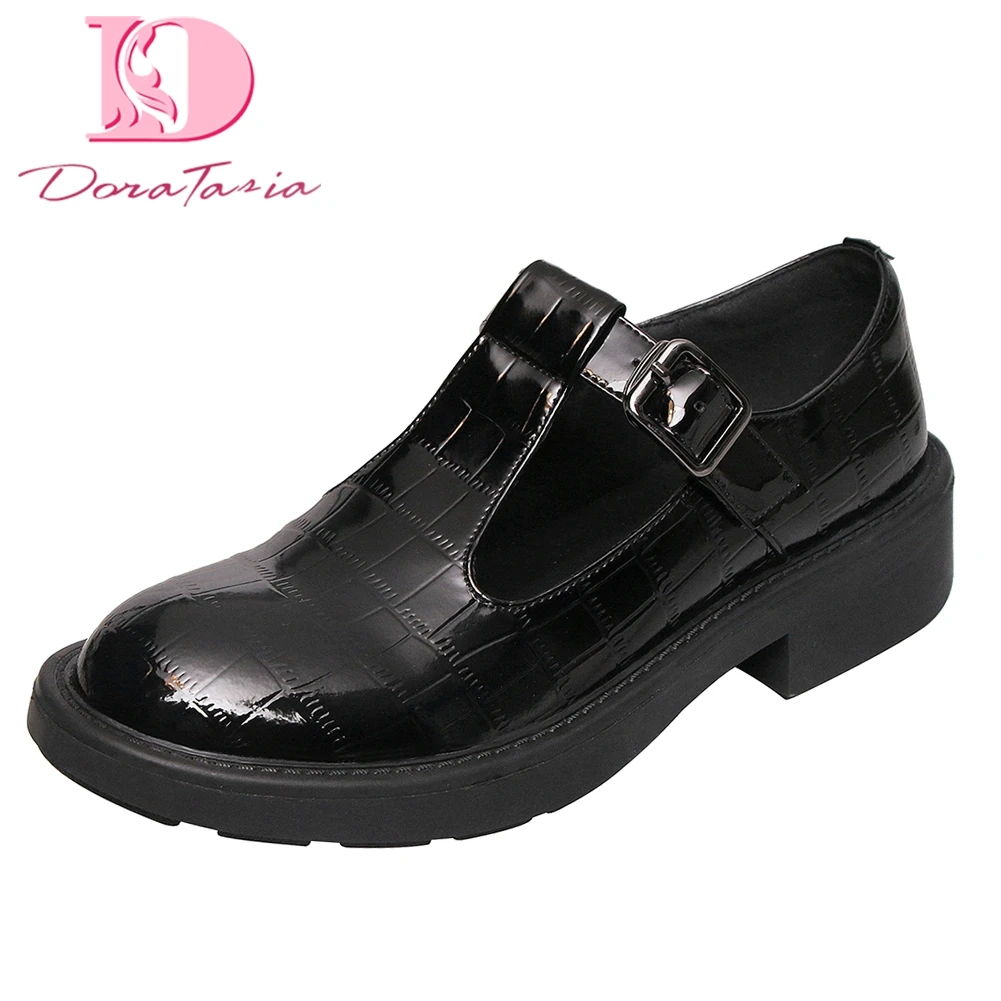 

T-strap Genuine Cow Patent Leather Shoes Flats Woman 2019 Spring Autumn Mary Janes Flats Women Shoes Woman Large Size 34-42