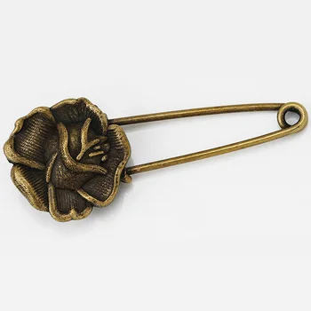 

20x50mm Flower Brooch,Vintage Safety Pin,Scarf Clip pins,Antique Bronze Plated,10pcs/lot,Rose-10065208