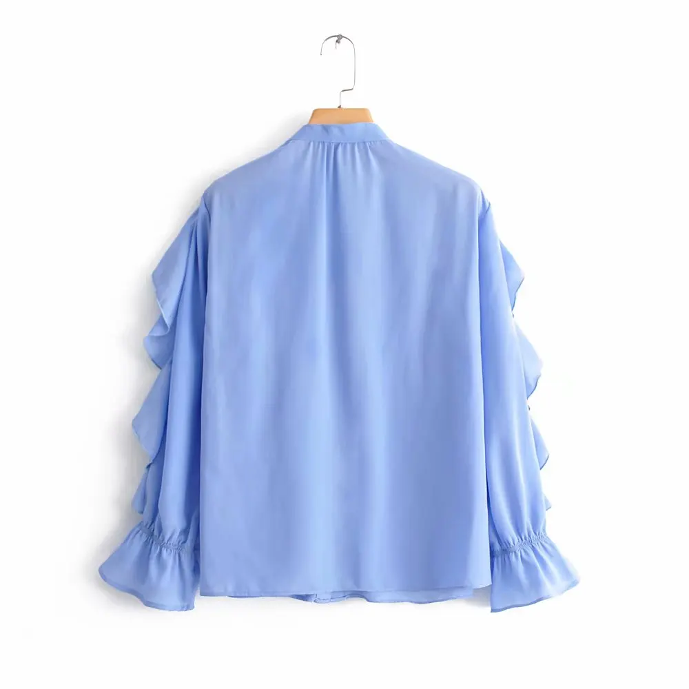 Baratos BBWM Mujer Za dulce azul Ruffled gasa blusa elegante Mujer cuello en V manga larga Linda chicas moda camisa Blusas Mujer