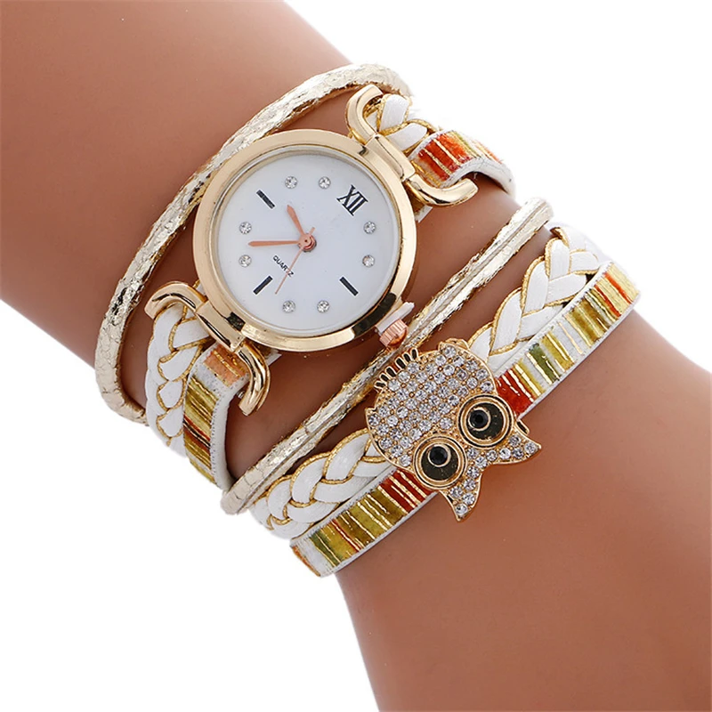 Роскошный бренд Сова круг кварцевые женские часы-браслет кожаный ремешок алмаз женские часы для женщин Девушка подарок часы Montre Femme